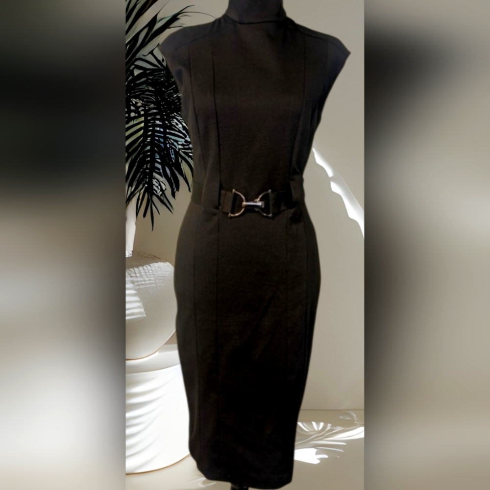 Zara Mockneck Form Fitting Midi Dress Belted Black